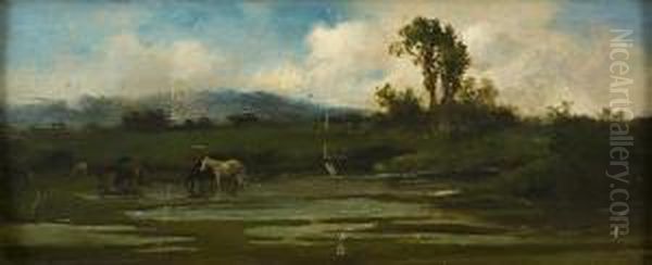 Paesaggio Palustre Con Cavalli Oil Painting by Achille Vertunni