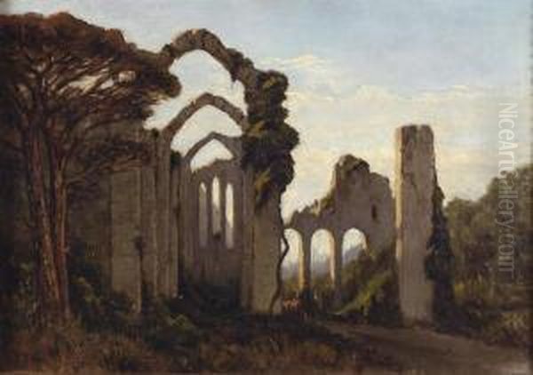 Paesaggio Con Rovine E Pastore Oil Painting by Achille Vertunni