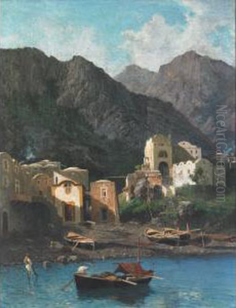 Fishermen Arriving At An Italian Village Port Oil Painting by Achille Vertunni