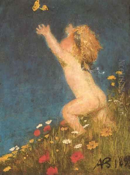 Putto and Butterfly 1895 Oil Painting by Arnold Bocklin