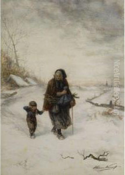 A Walk In The Snow Oil Painting by Elchanon Verveer