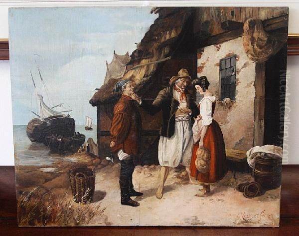 A Fishing Family Before A Cottage Oil Painting by Elchanon Verveer