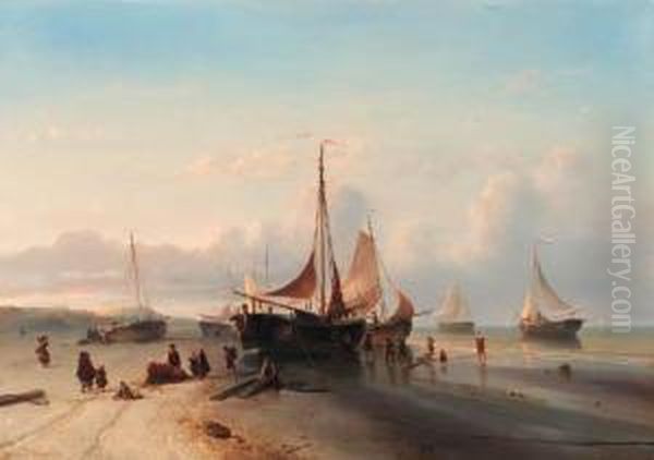 Moored Fishing Fleet On The Beach Of Scheveningen Oil Painting by Mauritz Verveer