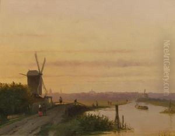 Sunset Over A Dutch Town Oil Painting by Salomon Leonardus Verveer