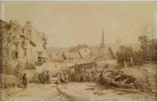 Figures In A Fishing Town Oil Painting by Salomon Leonardus Verveer