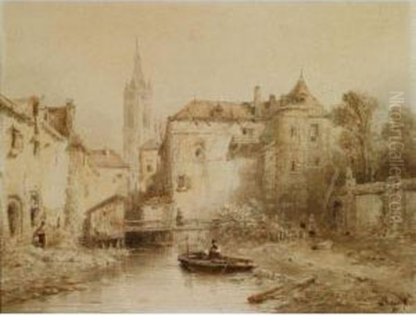 A View Of A Town With A Bell Tower In The Background Oil Painting by Salomon Leonardus Verveer