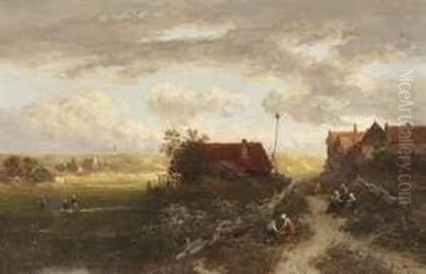 A Summer Landscape With Villagers On A Path And Woman Doinglaundry Oil Painting by Salomon Leonardus Verveer