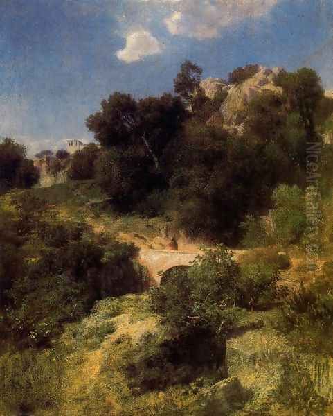 Bridge in a mountain landscape Oil Painting by Arnold Bocklin