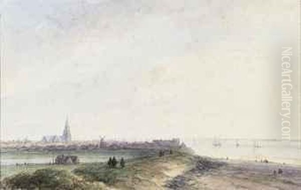 Ships Near The Walls Of A Dutch City Oil Painting by Salomon Leonardus Verveer