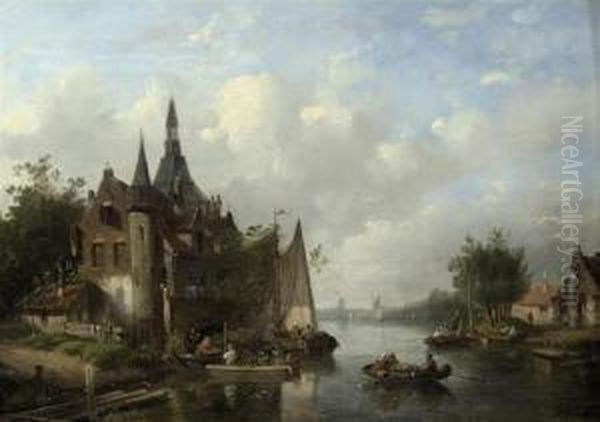 Boats On A River Near A Dutch Town Oil Painting by Salomon Leonardus Verveer