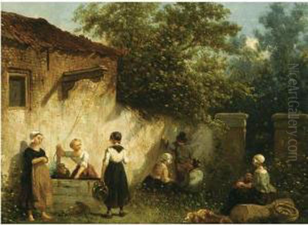 Washerwomen In A Yard Oil Painting by Salomon Leonardus Verveer