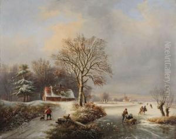 Hollands Rivierlandschap Met Schaatsers En Reiziger Met Hond Bij Hoeve Oil Painting by Louis Paul Verwee