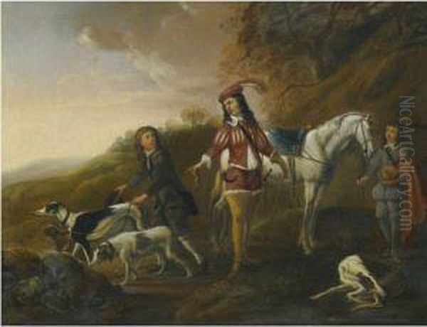 A Gentleman Resting During The Hunt, His Two Page Boys Inattendance Oil Painting by Francois Verwilt