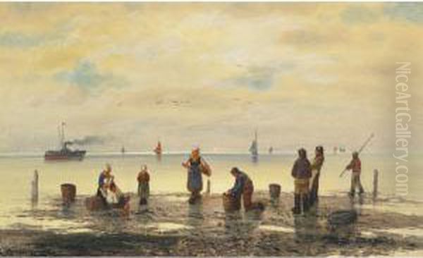 Fisherfolk And Young On The Beach Oil Painting by A. Vescovi