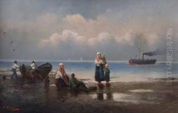 Figures On The Seashore Oil Painting by A. Vescovi