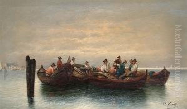 Italian Fisherfolk In Boats Oil Painting by A. Vescovi