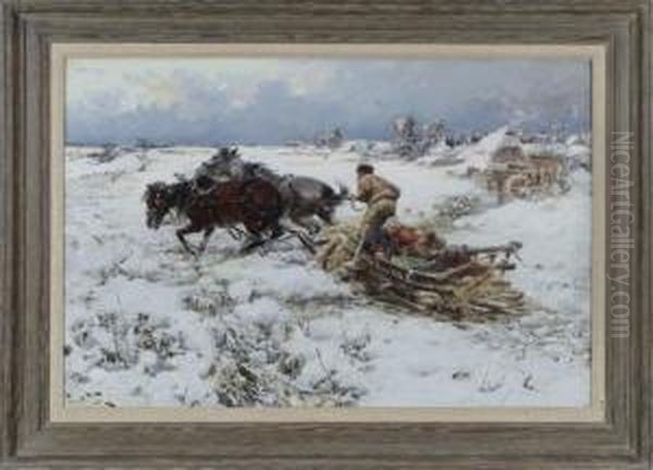 Winter Scene Depicting Twohorses Pulling A Sled With Three Figures. Oil Painting by Jaroslav Friedrich Julius Vesin