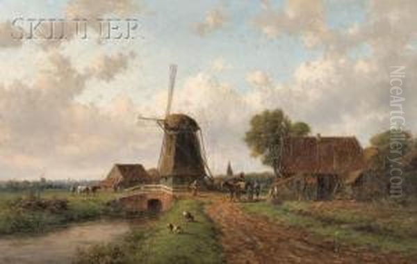 View Of Figures By A Bridge And Windmill Oil Painting by Willem Vester