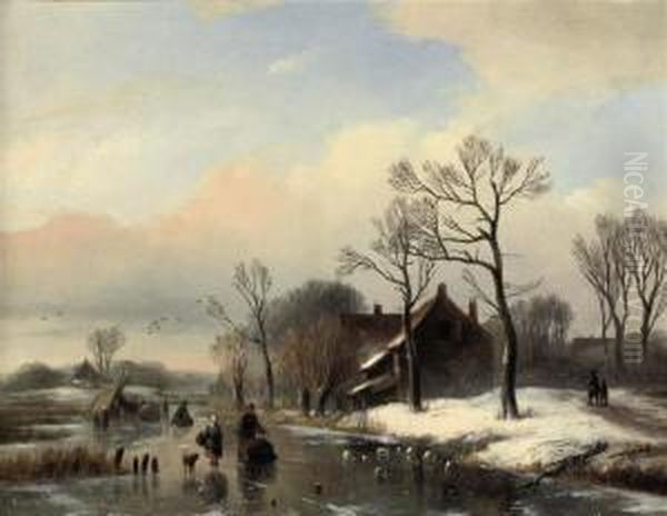 Figures On A Frozen Stream Near A Farm House Oil Painting by Willem Vester