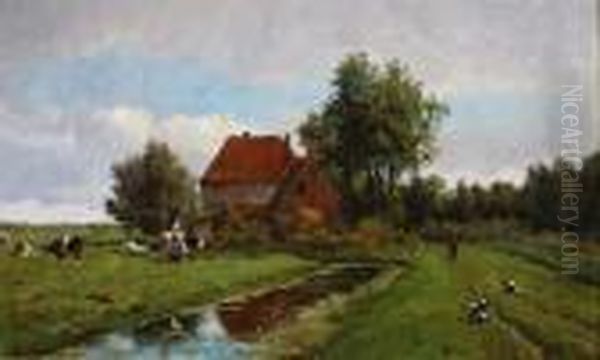 Geiten En Koeien Zonnigpolderlandschap Oil Painting by Willem Vester