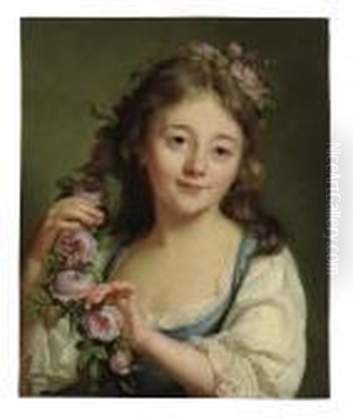 A Young Girl With A Garland Of Roses Oil Painting by Antoine Vestier