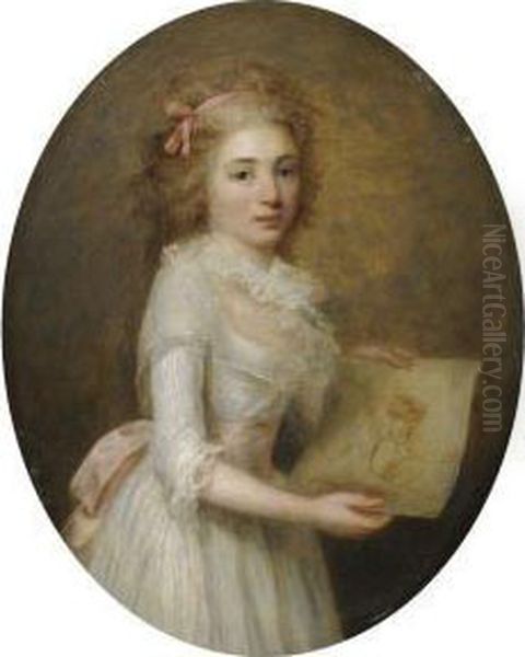 Portrait Of A Girl In A White Dress With A Pink Sash Holding A Lifestudy Oil Painting by Antoine Vestier