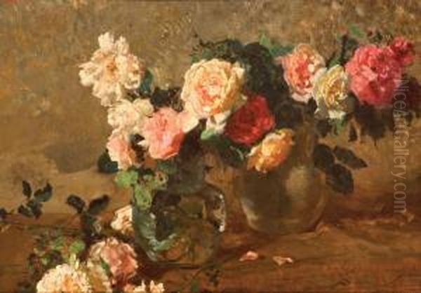 Rose In Un Vaso Su Un Piano Oil Painting by Paolo Vetri