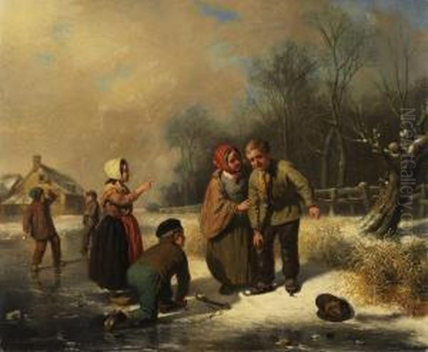 Kinder Beim Eislaufen Oil Painting by Johannes Vetten