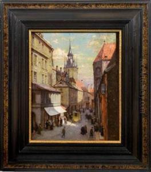 Strasenszene Am Belebten Petersplatz In Alt-munchen Oil Painting by Charles Guy Vetter