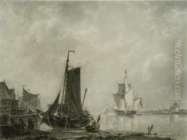 Dutch Estuary Scene Oil Painting by Hendrik Vettewinkel