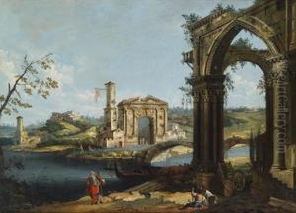 A Venetian Capriccio With Ruins Oil Painting by Gaetano Vetturali