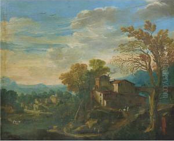 Paesaggio Fluviale Con Borghi Medievali E Viandanti Oil Painting by Gaetano Vetturali