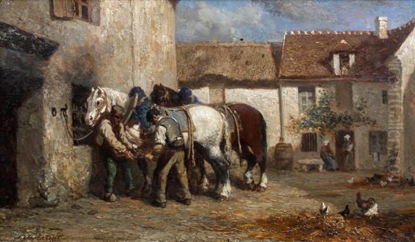 Le Marechal-ferrant Dans Une Cour De Ferme Oil Painting by Jules Jacques Veyrassat