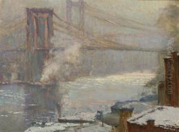 Brooklyn Bridge, Winter Oil Painting by Charles Vezin