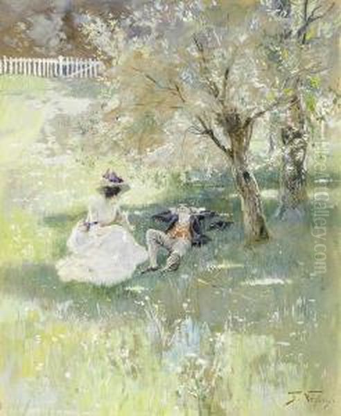 Meeting In The Garden Oil Painting by Frederick Vezin