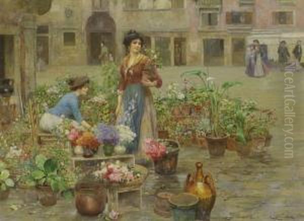 Venezianische Blumenverkauferinnen Oil Painting by Cesare Vianello