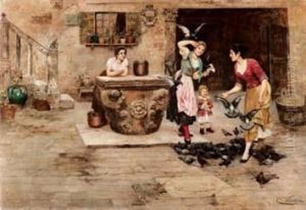 Nel Cortile Con I Piccioni Oil Painting by Cesare C. Vianello