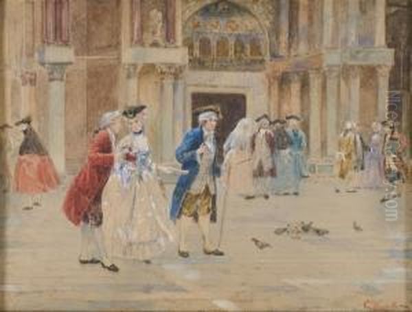 Ciacole A Piazza San Marco Oil Painting by Cesare C. Vianello