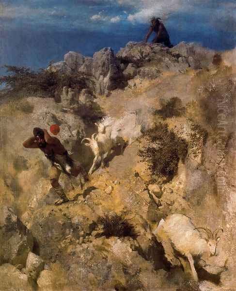 Pan frightening a shepherd Oil Painting by Arnold Bocklin