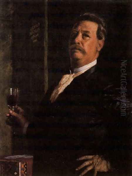 Self portrait with a glass of wine Oil Painting by Arnold Bocklin