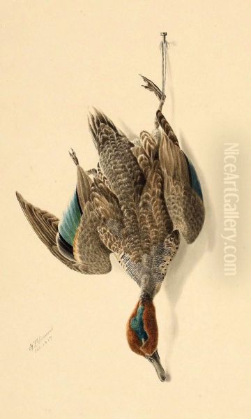 A Hanging Green Winged Teal Oil Painting by George Louis Viavant