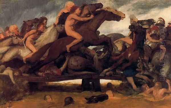 Fighting on a bridge 2 Oil Painting by Arnold Bocklin