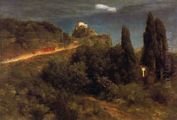 Soldiers amount to a mountain stronghold Oil Painting by Arnold Bocklin