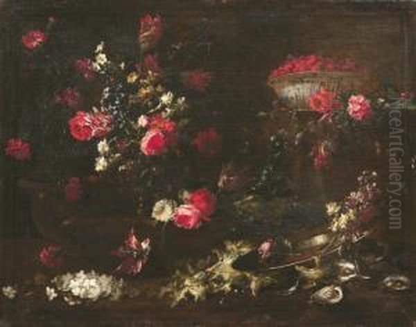 Natura Morta Con Fiori In Un Vaso Sbalzato, Coppa Di Fragole, Insalata Riccia E Ostriche Oil Painting by Francesca Vicenzina