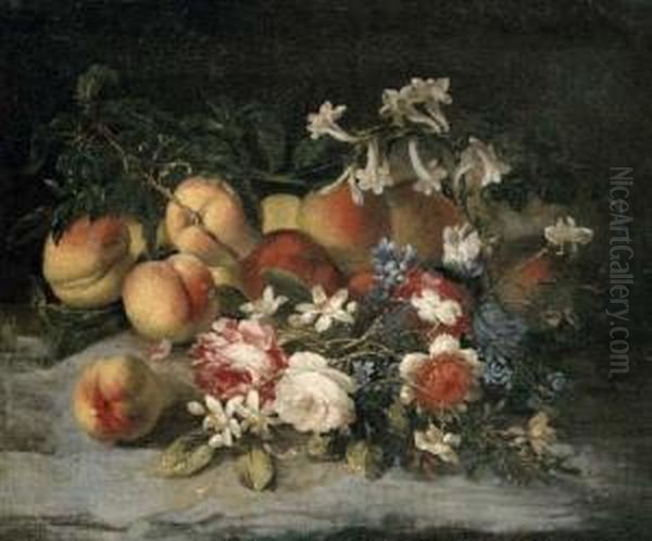 Blossom And Peaches With Other Flowers In A Landscape Oil Painting by Francesca Vicenzina