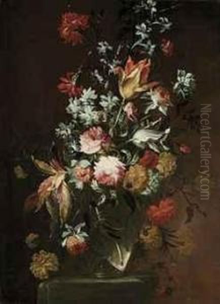 Tulips, Roses, Amaranthus, Carnations And Other Flowers In A Glassvase On A Stone Ledge Oil Painting by Vicenzino