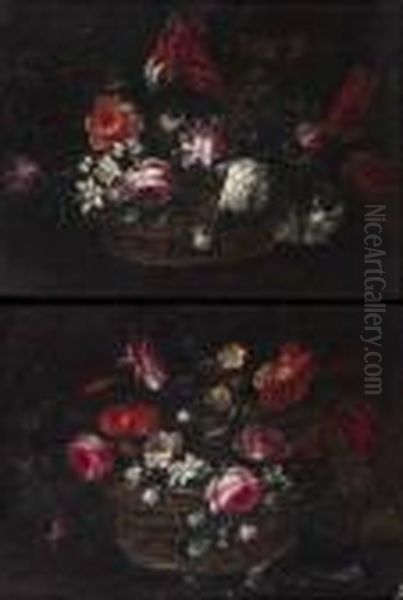 Nature Morte Au Bouquet De Fleurs Dans Un Panier D'osier Oil Painting by Vicenzino