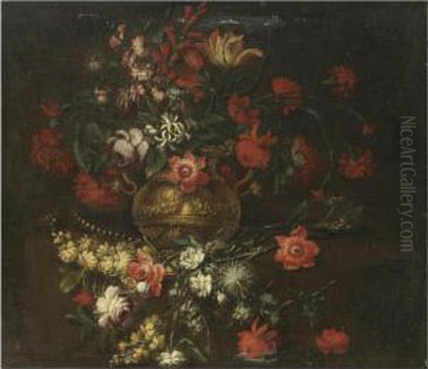 A Still Life With Carnations, Roses, Tulips, Foxgloves And Other Flowers In A Sculpted Urn Oil Painting by Vicenzino