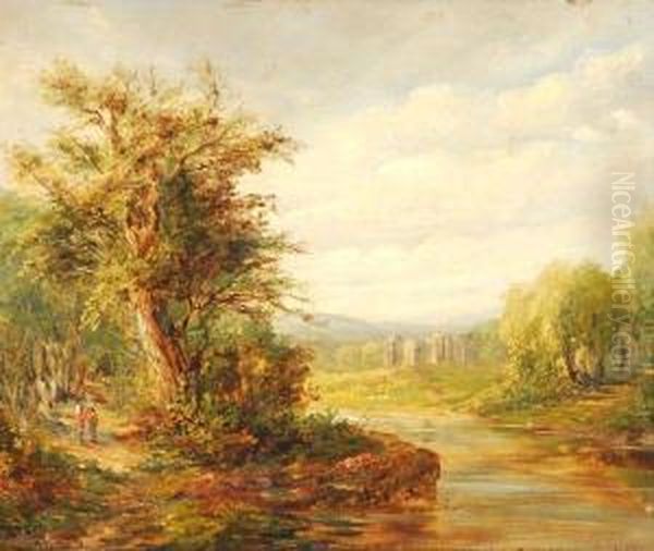 Figures On A Path By A River Landscape Oil Painting by Alfred Vickers