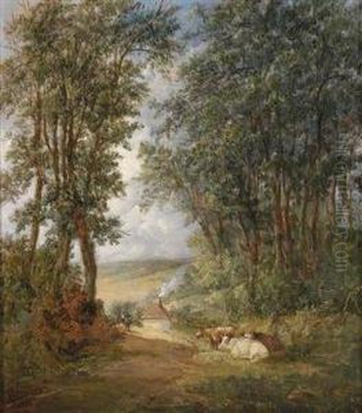 Woodland Landscape With Cows Resting In The Foreground Oil Painting by Alfred Vickers